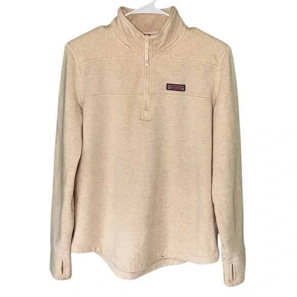 Vineyard Vines Women's Dreamscape Relaxed Shep Shirt Tan Quarter-Zip Heather Oat - Picture 5 of 8